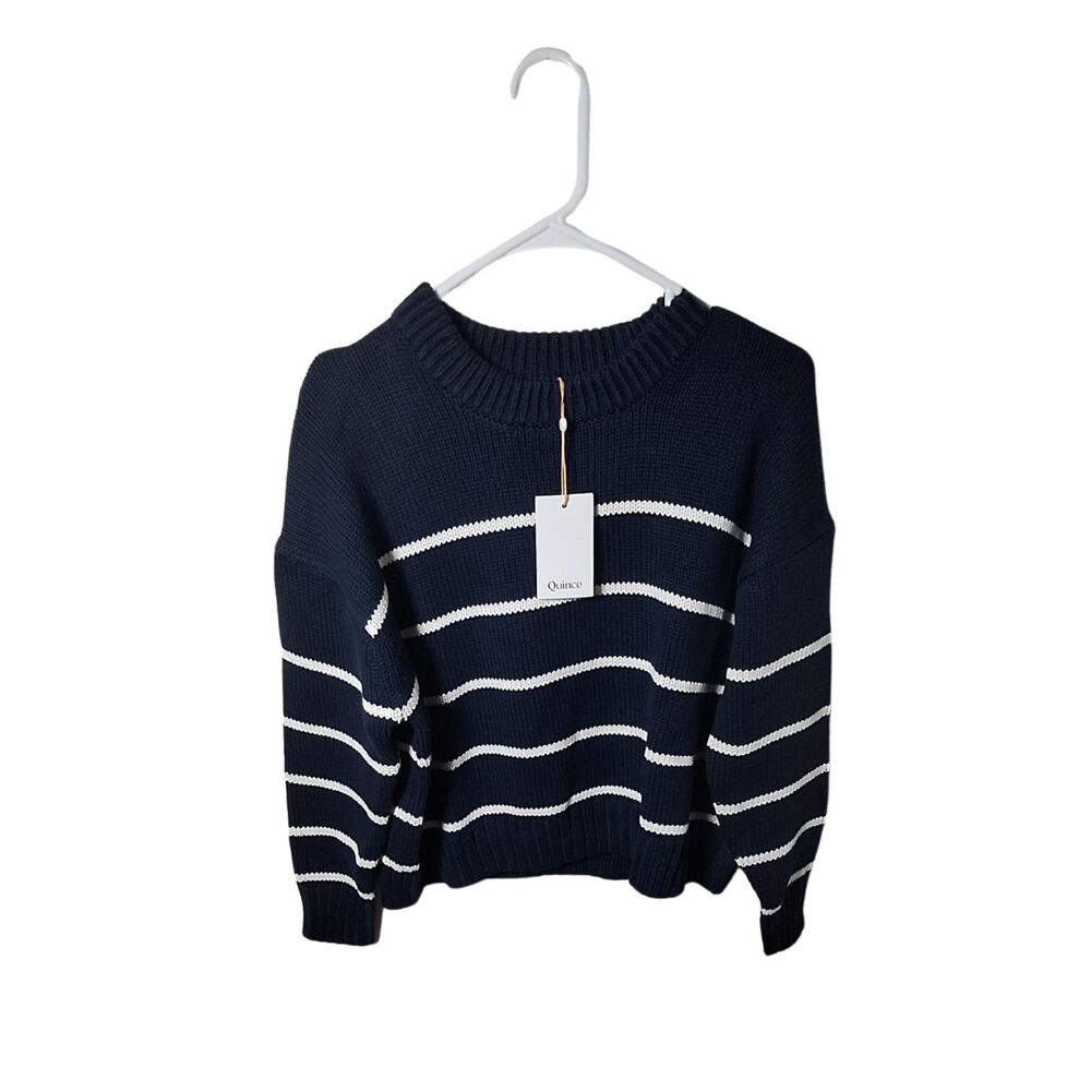 Quince Navy and White Striped Crew Neck Sweater - Picture 2 of 3
